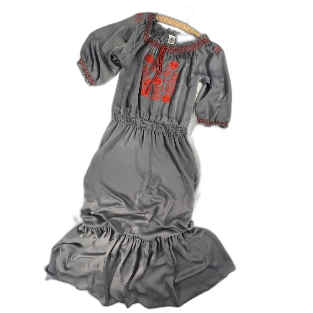 Ivy Jane Embroidered Boho Maxi Dress S Grey Rust Smocked Peasant Gown